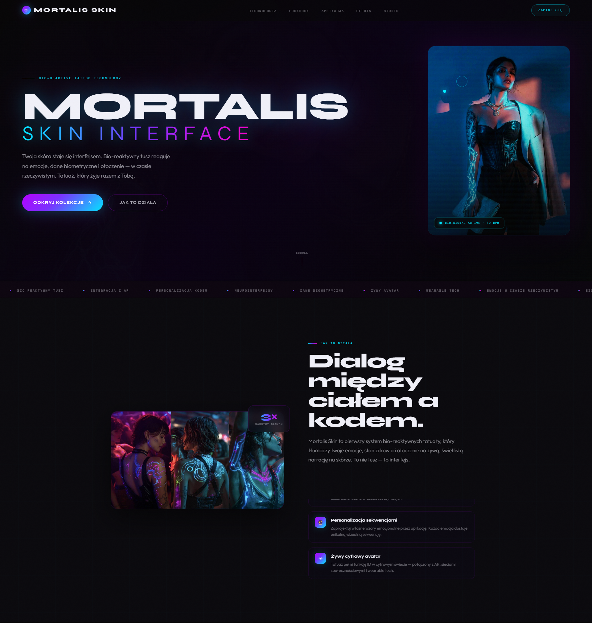 Mortalis Skin — bio-reaktywny tatuaż, neon cyan