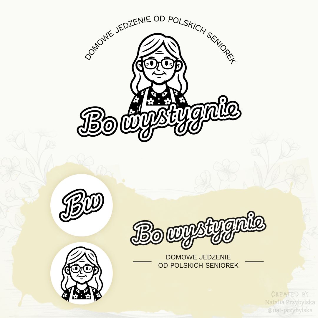 Bo Wystygnie — logo design, warianty, ilustracja babci