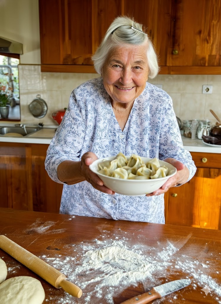 Babcia trzyma miskę gotowych pierogów