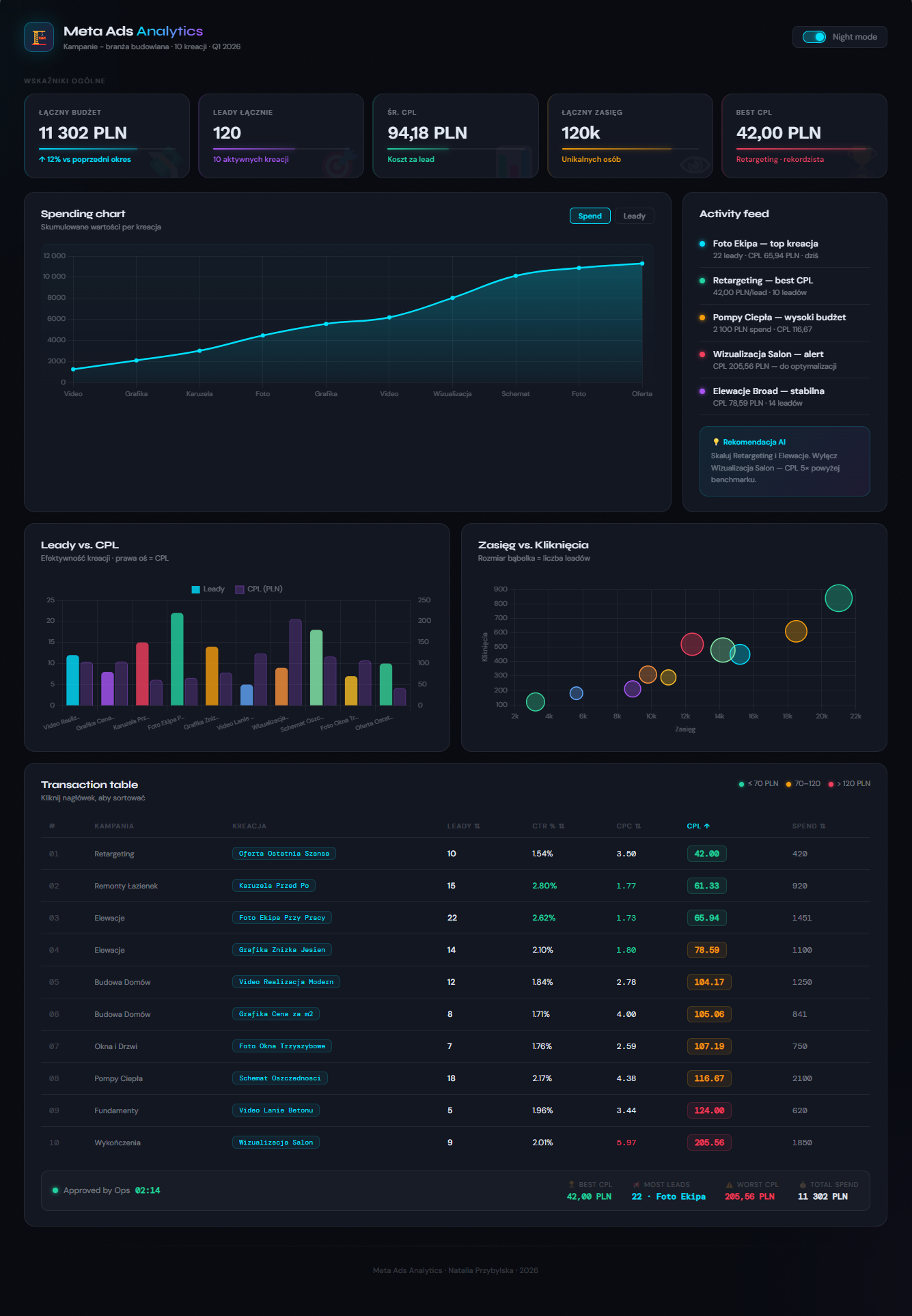 Interaktywny dashboard Meta Ads Analytics — podgląd raportu